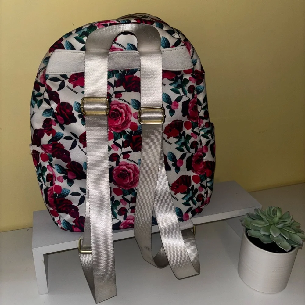 Juicy Couture Rose Pink Red White Backpack Floral  Zipper Whimsy Bookbag Y2K